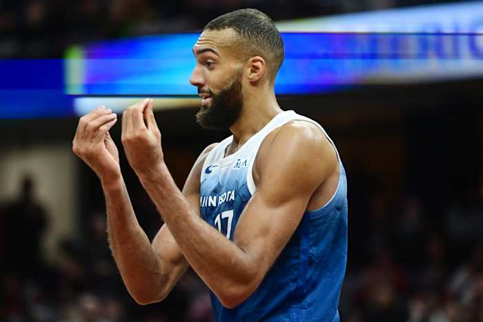 Mar 8, 2024; Cleveland, Ohio, USA; Minnesota Timberwolves center Rudy Gobert (27) reacts after fouling out during the second half against the Cleveland Cavaliers at Rocket Mortgage FieldHouse. Mandatory Credit: Ken Blaze-USA TODAY Sports